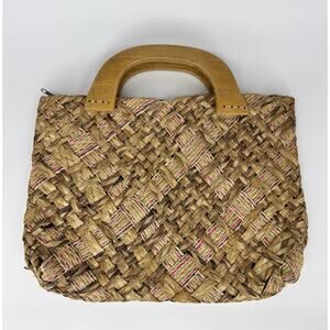 Vintage Woven Straw Raffia Handbag Wooden Handles Boho Tote‎ Purse 70s 80s